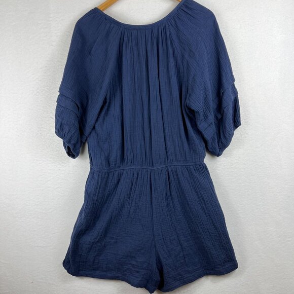 Knox Rose Womens Navy Blue Gauze V-Neck Romper Shorts Size L Puff Sleeve - Picture 2 of 16